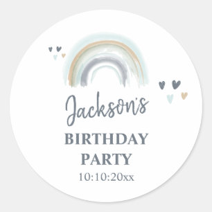 Sticker Rond Fête d'anniversaire Bleu Boho Arc-en-ciel Rond Cla