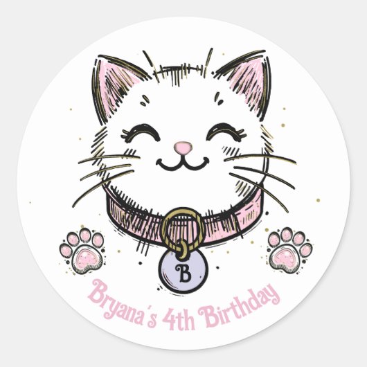 Sticker Rond Fête d'anniversaire Chat Chaton Rose Violet Or (Devant)
