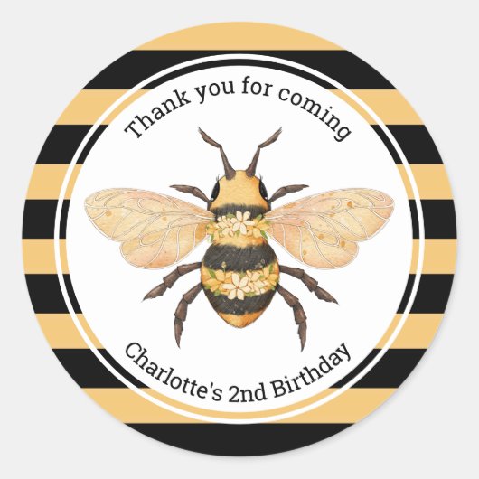 Sticker Rond Fête d'anniversaire d'abeille (Devant)