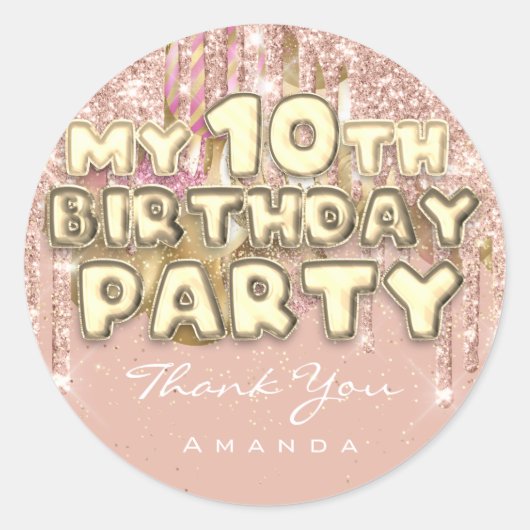 Sticker Rond Fête d'anniversaire de 10 ans Glitter Ballon Or (Devant)