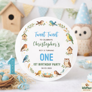 Sticker Rond Fête d'anniversaire de 1 an des jolis oiseaux – En