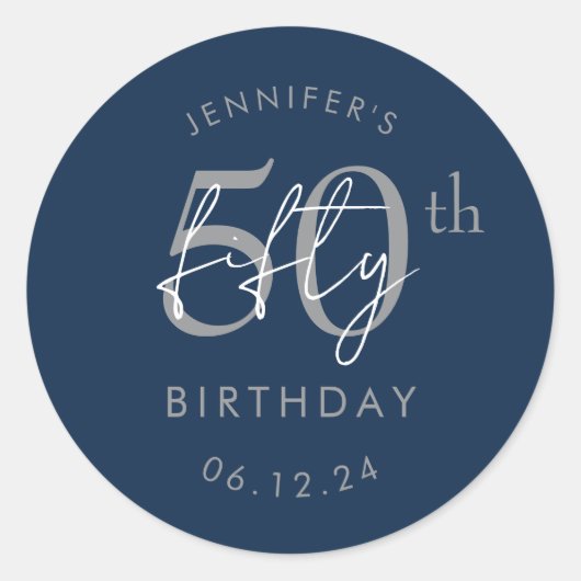 Sticker Rond Fête d'anniversaire de 50 ans Navy Script Moderne (Devant)