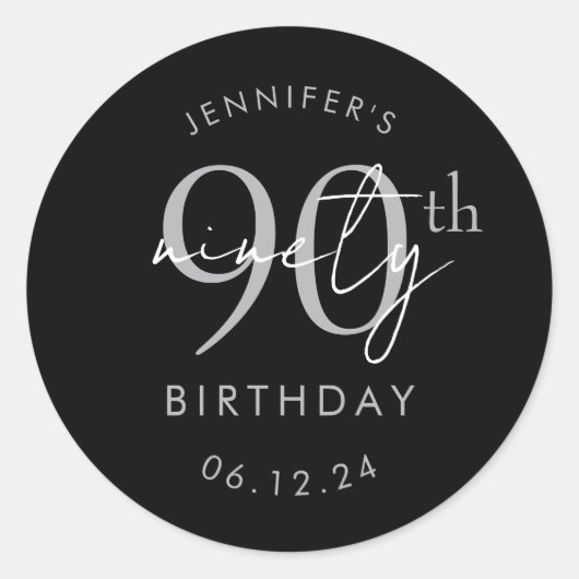 Sticker Rond Fête d'anniversaire de 90 ans écriture moderne arg (Devant)