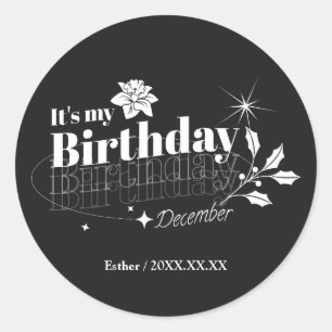 Sticker Rond Fête d'anniversaire de décembre florale noire mode