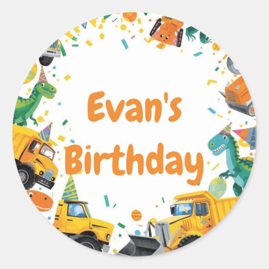 Sticker Rond Fête d'anniversaire de dinosaure de construction (Devant)