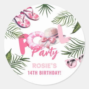 Sticker Rond Fête d'anniversaire de fille rose ludique au bord