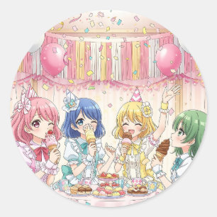 Sticker Rond Fête d'anniversaire de glace de jolie fille d'anim
