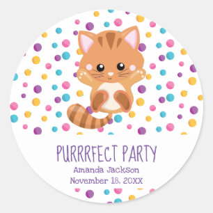 Sticker Rond Fête d'anniversaire de Kitty avec confettis arc-en