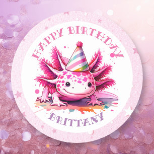 Sticker Rond Fête d'anniversaire de la fille Axolotl rose