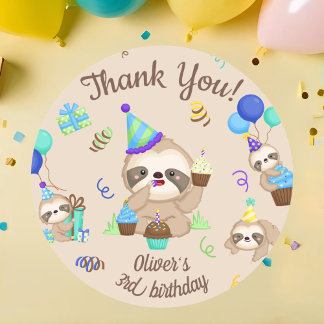 Sticker Rond Fête d'anniversaire de la paresseux au ballon bleu