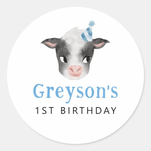 Sticker Rond Fête d'anniversaire de la vache bleue Favoriser (Devant)