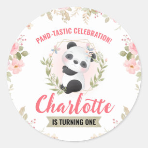 Sticker Rond Fête d'anniversaire de l'ours panda à fleurs migno