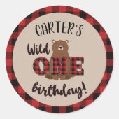 Sticker Rond Fête d'anniversaire de l'Ours Plaid Wild ONE (Devant)