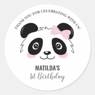 Sticker Rond Fête d'anniversaire de Panda mignon Rose Noir et B