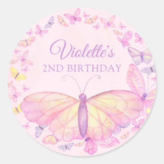 Sticker Rond Fête d'anniversaire de papillon rose et pourpre (Devant)
