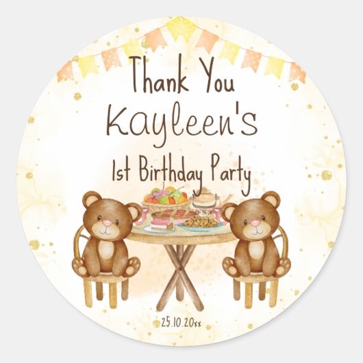 Sticker Rond fête d'anniversaire de pique-nique nounours (Devant)