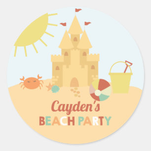 Sticker Rond Fête d'anniversaire de plage rétro château de sabl