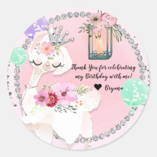 Sticker Rond Fête d'anniversaire de princesse lama diva chic et