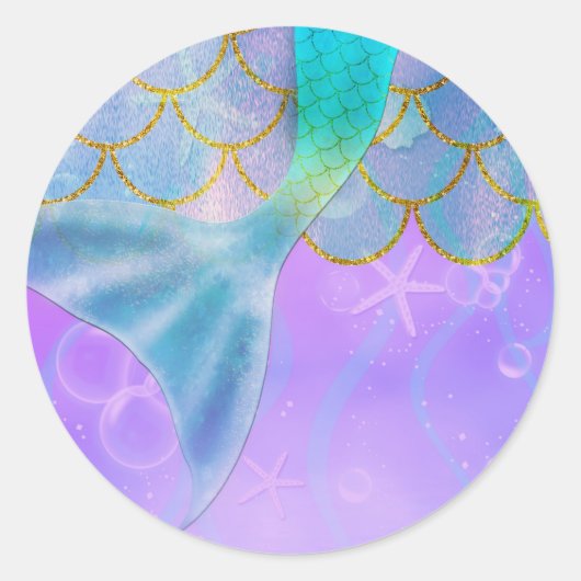Sticker Rond Fête d'anniversaire de sirène avec reflets de perl (Devant)