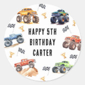Sticker Rond Fête d'anniversaire des Enfants Monster Trucks (Devant)