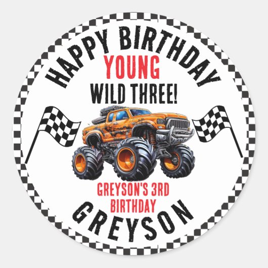 Sticker Rond Fête d'anniversaire des Enfants Monster Trucks (Devant)
