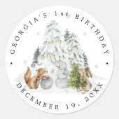 Sticker Rond Fête d'anniversaire d'hiver en forêt de Woodland, (Devant)