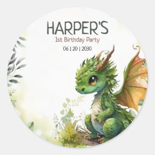 Sticker Rond Fête d'anniversaire du dragon éditable 1er anniver