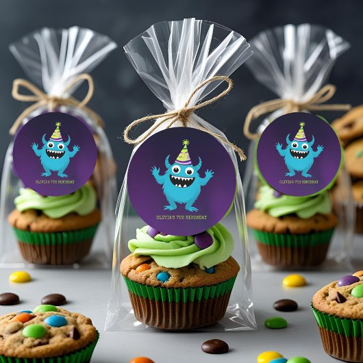 Sticker Rond Fête d'anniversaire du mignon Monster Blue