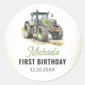 Sticker Rond Fête d'anniversaire du tracteur aquarelle (Devant)
