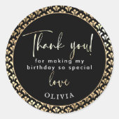 Sticker Rond Fête d'anniversaire en Noir, Blanc & Or "Merci"! (Devant)