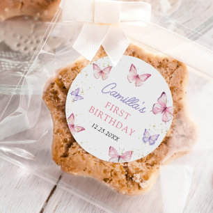 Sticker Rond Fête d'anniversaire fille papillon ruban rose viol