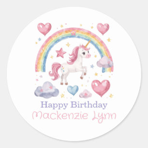 Sticker Rond Fête d'anniversaire licorne et arc-en-ciel aquarel