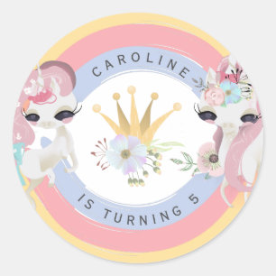 Sticker Rond Fête d'anniversaire licorne et fille arc-en-ciel