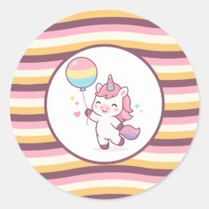 Sticker Rond Fête d'anniversaire Licorne Magique & Fille Arc-en