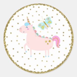 Sticker Rond Fête d'anniversaire licorne paillettes roses et or