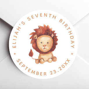 Sticker Rond Fête d'anniversaire Lion Kid Safari mignon aquarel