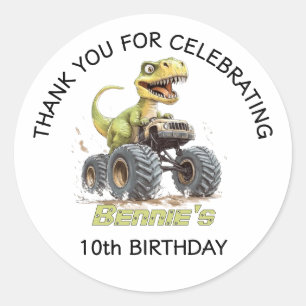 Sticker Rond Fête D'Anniversaire Monster Truck Et T-Rex Dinosau