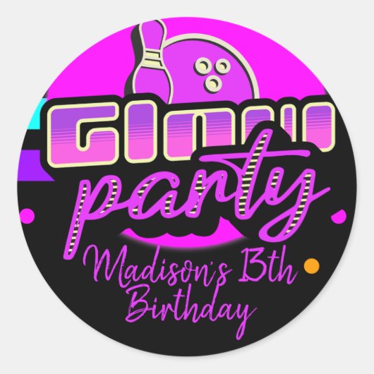 Sticker Rond Fête d'anniversaire Neon Bowling Party Bash (Devant)