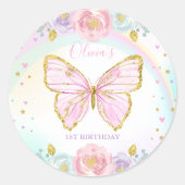 Sticker Rond Fête d'anniversaire papillon rose Floral Papillon  (Devant)