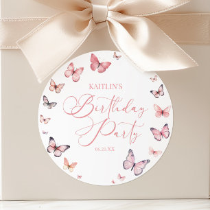 Sticker Rond Fête d'anniversaire Papillon Rose Tendre