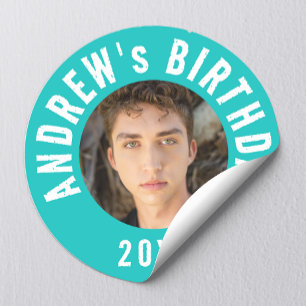 Sticker Rond Fête d'anniversaire photo turquoise moderne cool