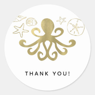 Sticker Rond Fête d'anniversaire Pieuvre dorée et Coquillages d