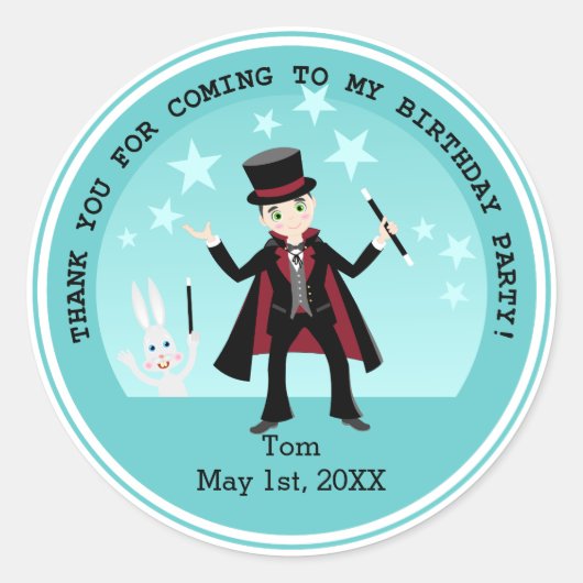 Sticker Rond Fête d'anniversaire pour enfant magicien (Devant)