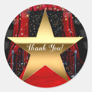Sticker Rond Fête d'anniversaire Red Carpet Hollywood Gold Star