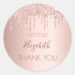 Sticker Rond Fête d'anniversaire rose gouttes d'or merci