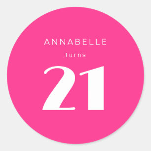 Sticker Rond Fête d'anniversaire rose vif moderne 21 vingt et u