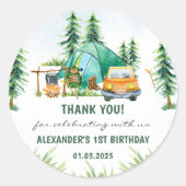 Sticker Rond Fête d'anniversaire rustique de Camping Mountain (Devant)