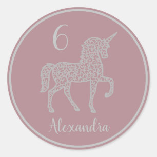 Sticker Rond Fête d'anniversaire Silver Unicorn Nom propre