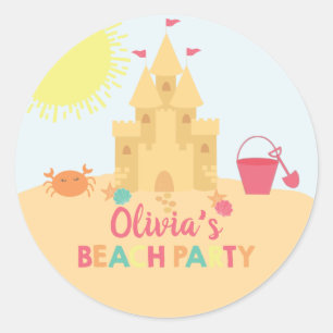 Sticker Rond Fête d'anniversaire sur la plage château de sable