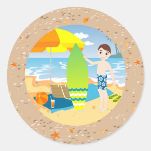 Sticker Rond Fête d'anniversaire Surf boy Beach